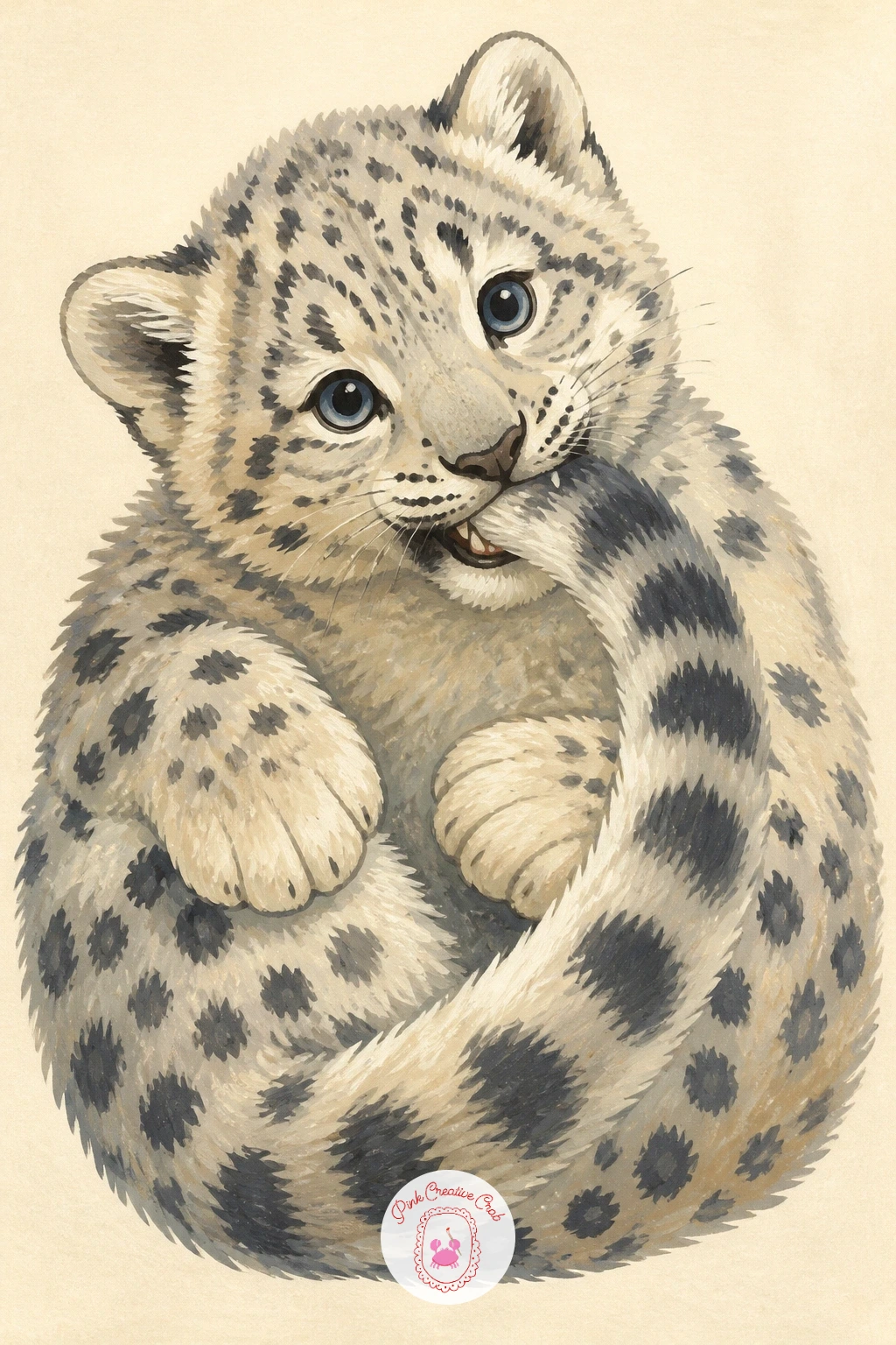 Cub Chewing on the Tip of Its Own Tail — Curl the cub into a tight seated shape, then bring the tail forward and up so the tip reaches the mouth, a small loop