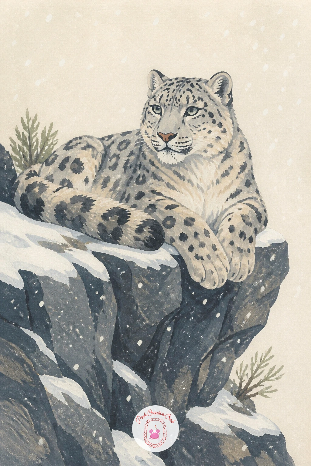 Snow Leopard Resting During a Gentle Snowfall — Settle the leopard into a relaxed lying pose on a flat cliff ledge, body facing slightly away from the viewer