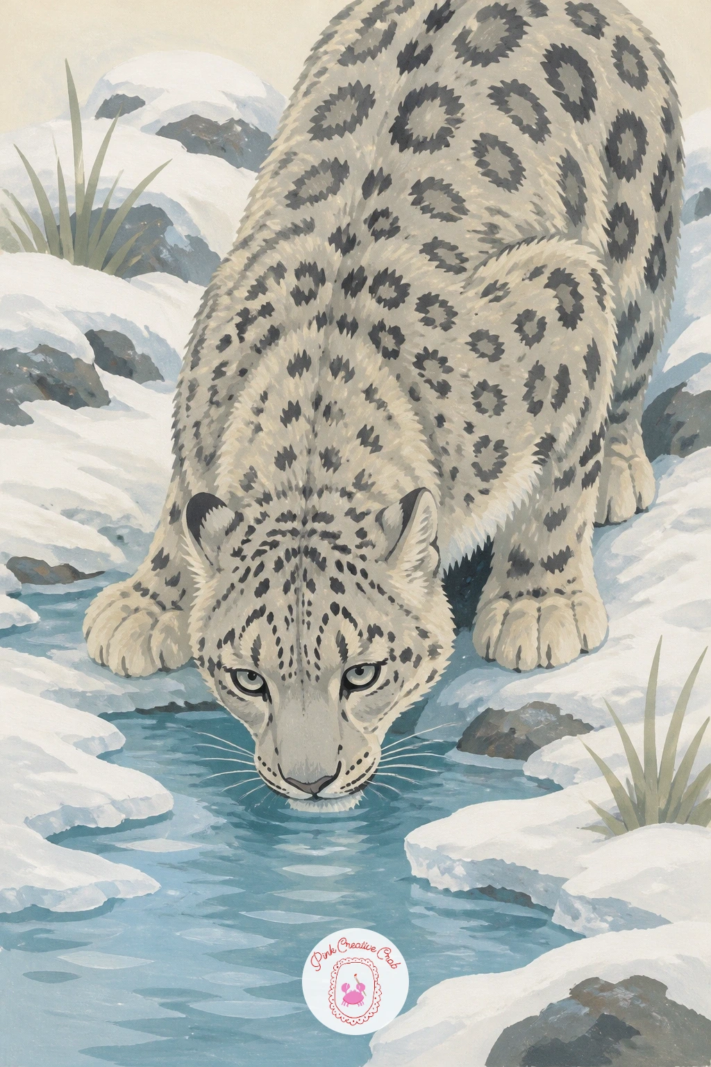Snow Leopard Drinking From an Icy Stream — Place the stream first as a winding pale blue ribbon cutting across the lower page, with a few jagged white ice