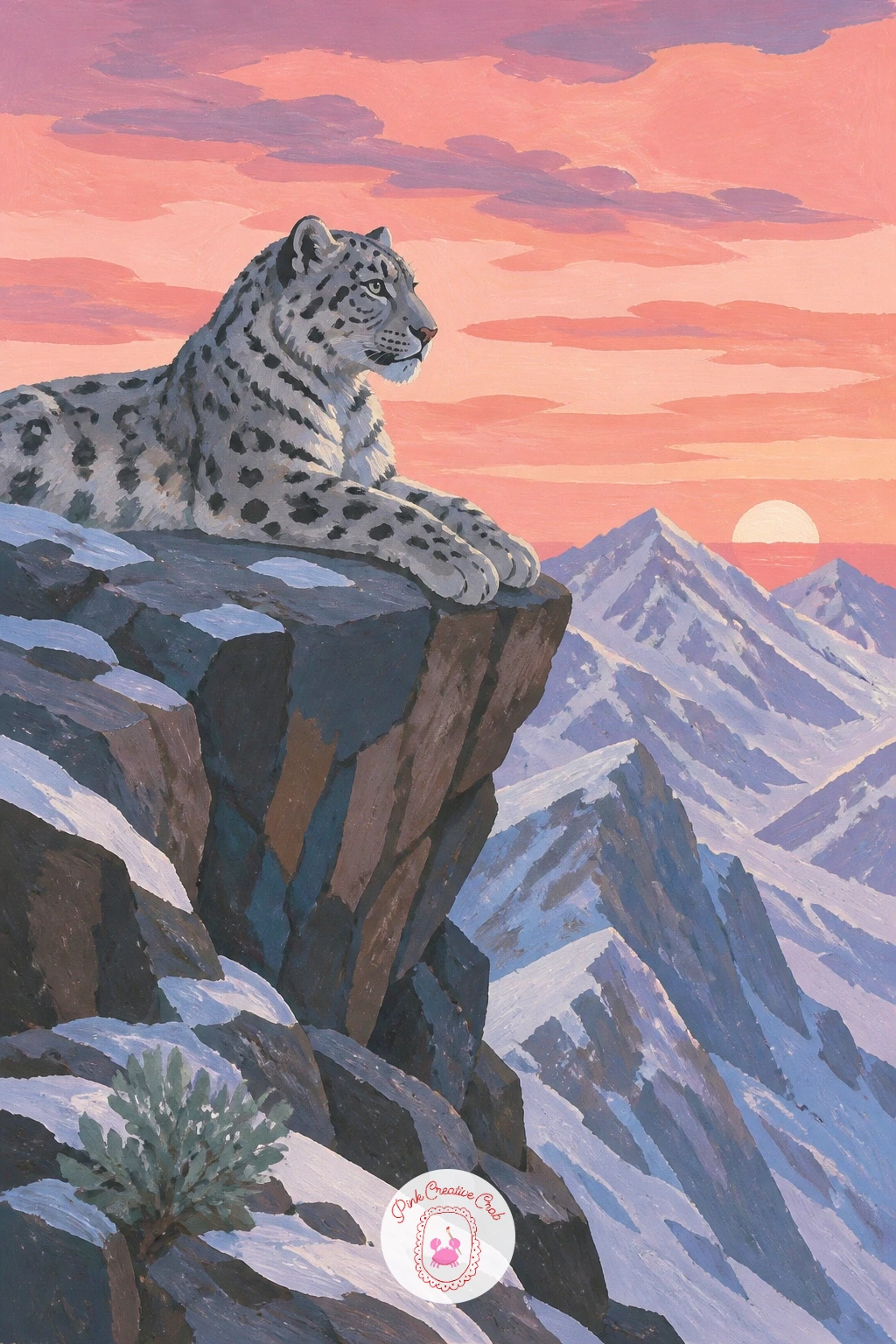 Snow Leopard Under a Pink Alpine Sunset — This is the idea to reach for when you want color to carry the whole piece, so paint the sky first, a soft gradient