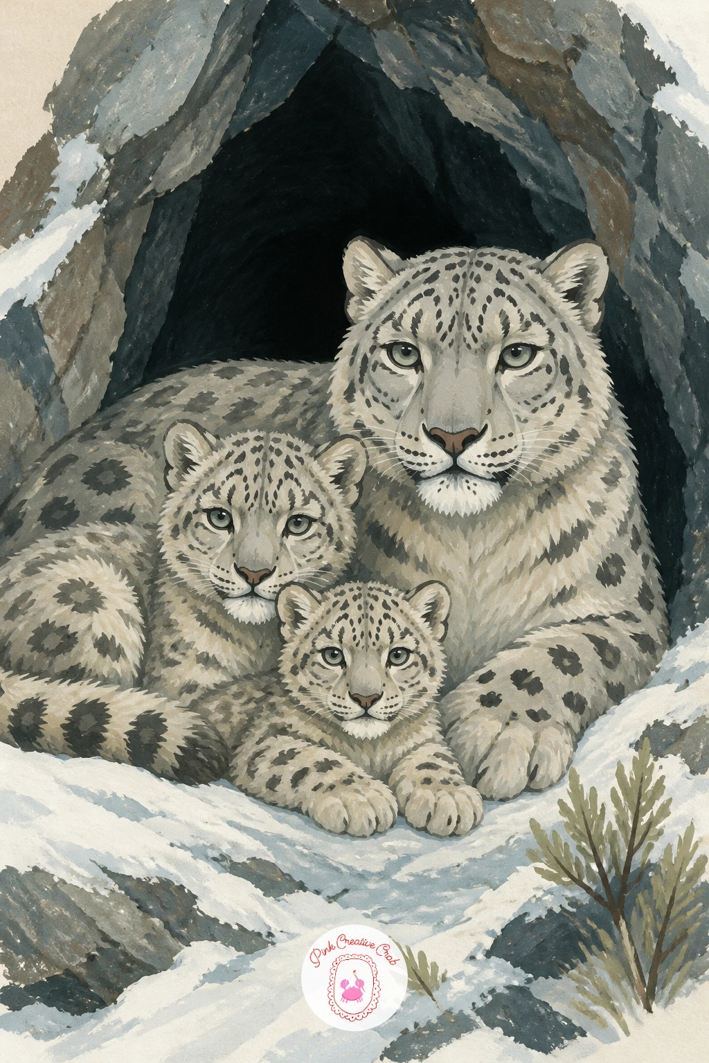 Snow Leopard Family at a Rocky Cave Mouth — Fit three shapes into one resting group: the mother lying largest at the center, one cub curled against her side