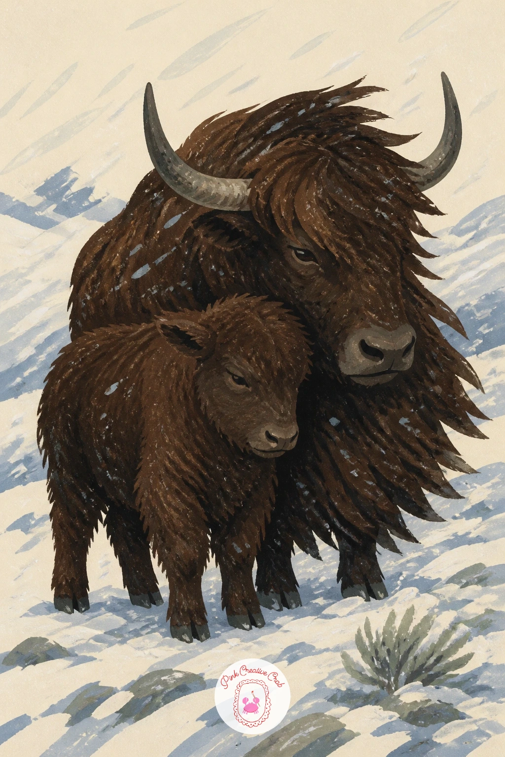 Yak Calf Pressed Against Its Mother — Place the mother yak's bulk first, standing solid and broad, then tuck the calf's smaller body right against her side