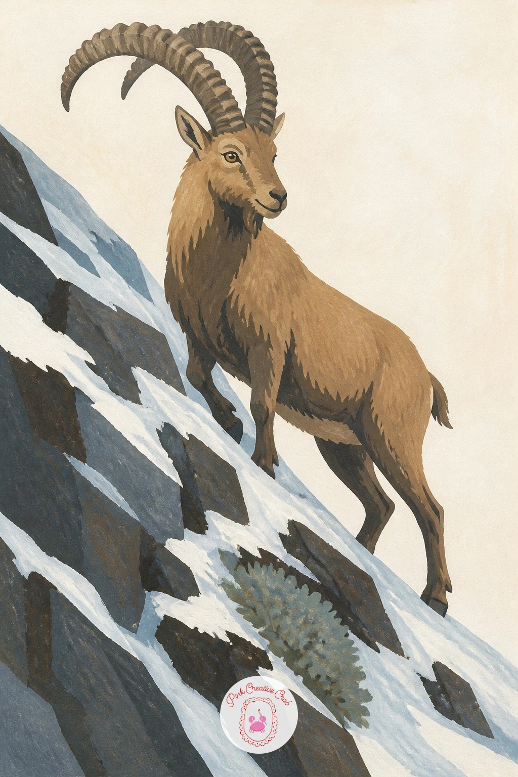 Ibex on a Steep Rock Face — Those long curved horns are the whole character of an ibex, so draw them first, sweeping back in a strong ridged arc from the head
