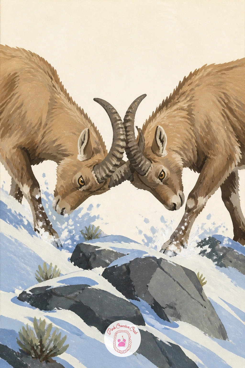Two Young Ibex Butting Heads — Mirror two ibex facing each other, heads lowered and horns nearly touching at the center of the page, with back legs braced wide