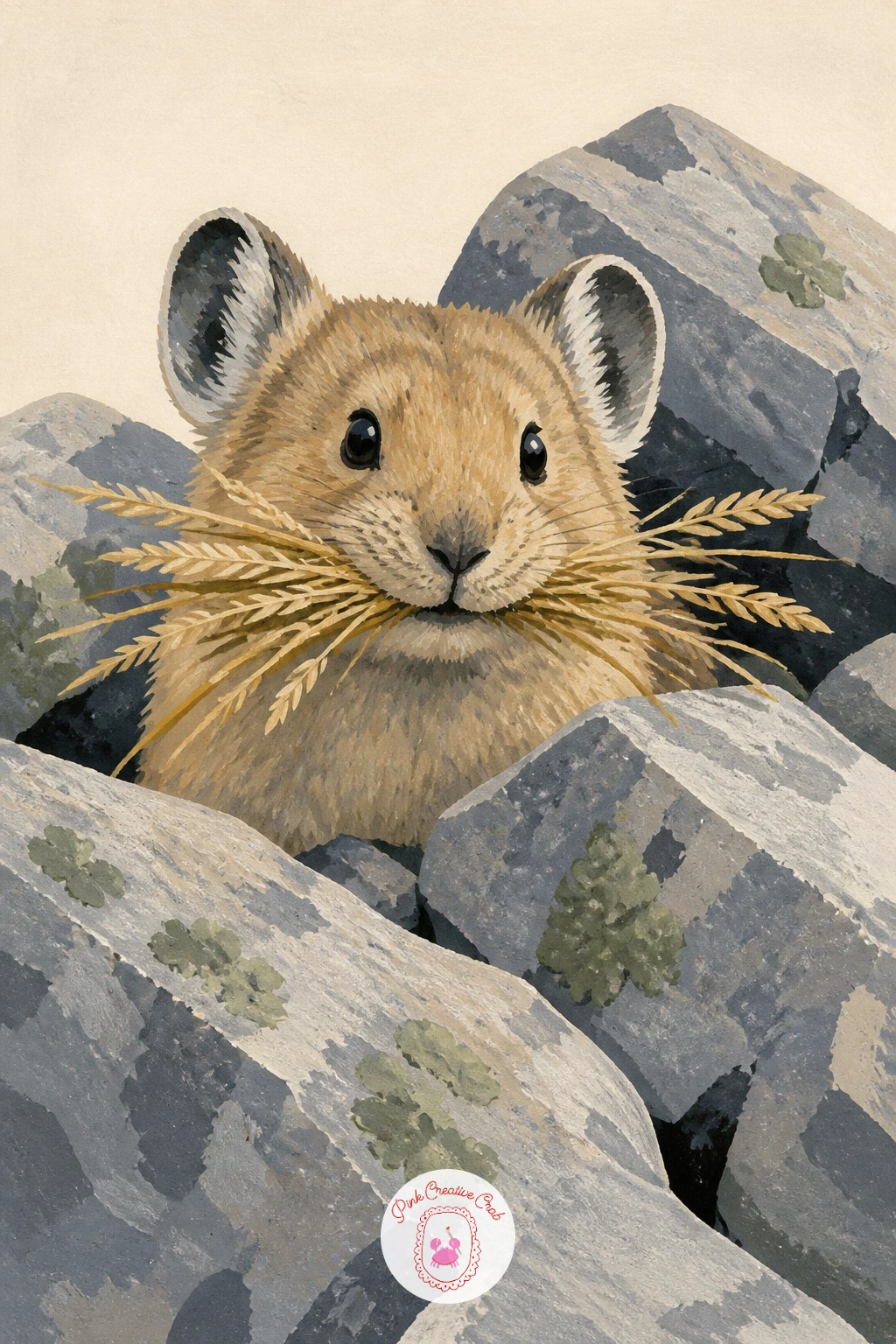 Pika With a Mouthful of Dry Grass — Keep the pika small and round, since its whole charm is being compact: one oval for the body, a smaller rounded head with