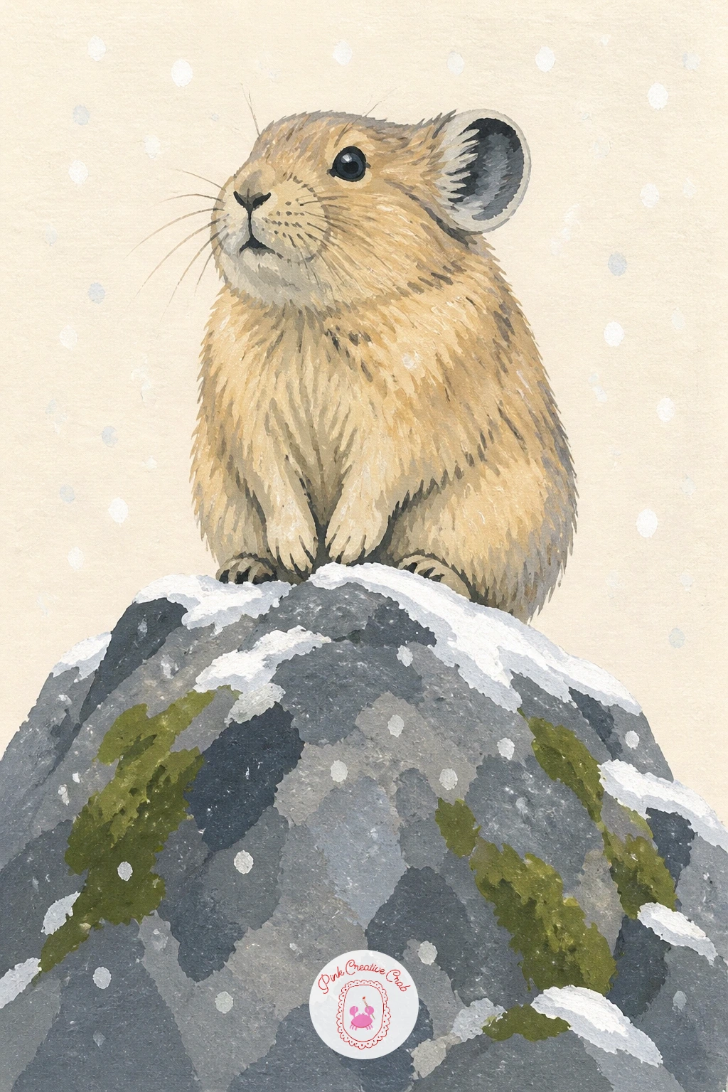 Pika on a Mossy Stone as Snow Begins — Sit the pika upright on a single flat stone this time, body a little more exposed than the rock pile version, since