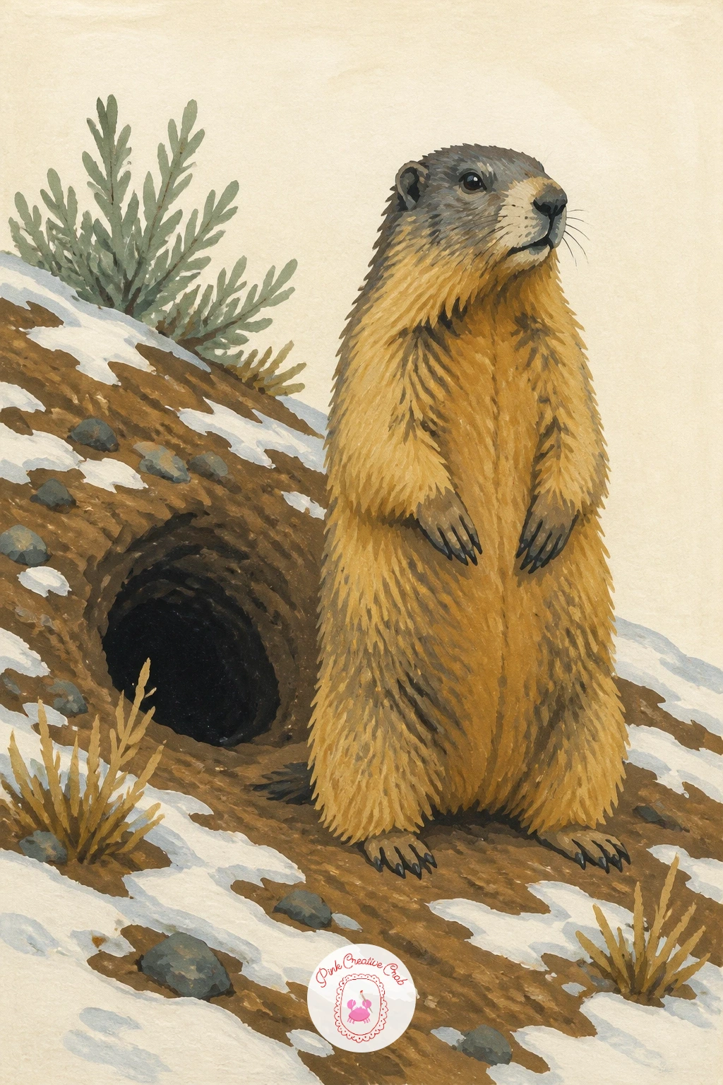 Marmot Standing Beside Its Burrow — Give the marmot a sturdy upright stance, back legs planted and front paws held close to the chest, with the body noticeably