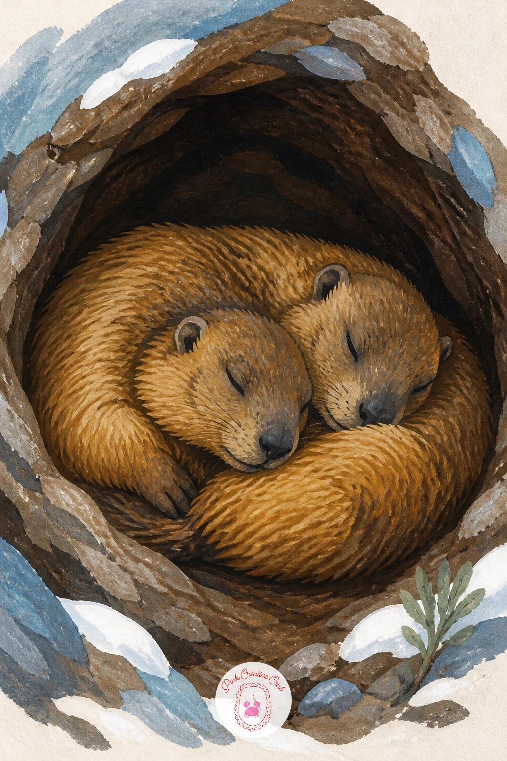 Two Marmots Sleeping in Their Burrow — This is the one interior scene in the set, so build a simple dark rounded burrow chamber first, just a soft curved cave