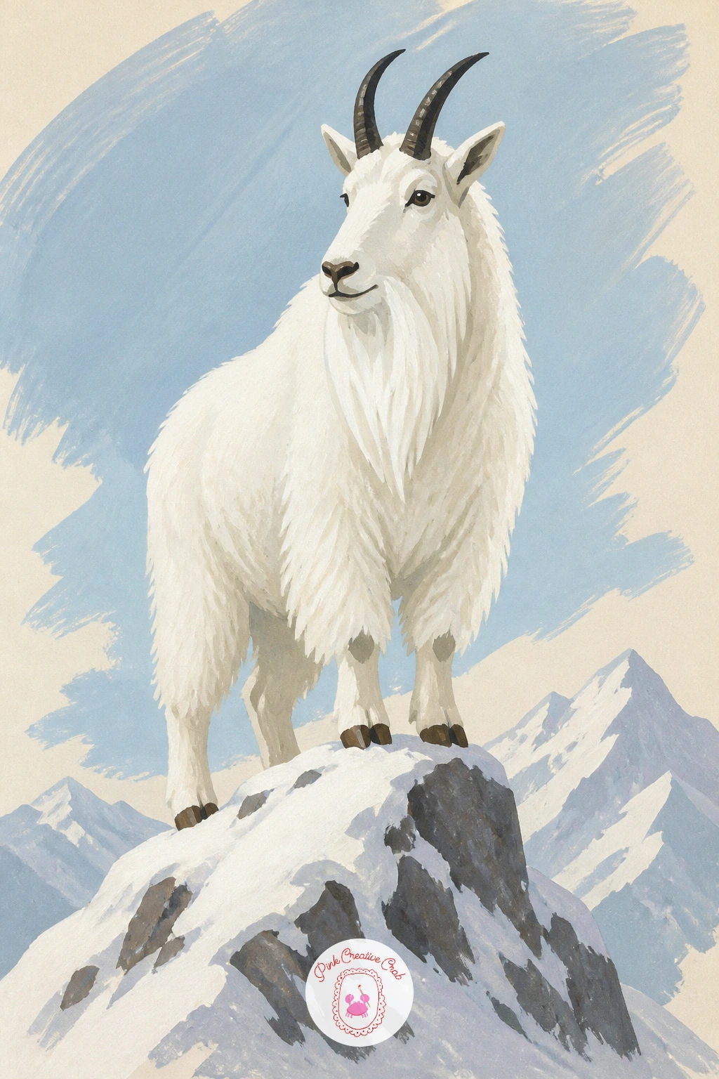 Mountain Goat With a White Beard on a Summit — Stand the goat squarely at the very top of a snowy peak, body solid white against a pale blue sky, with the