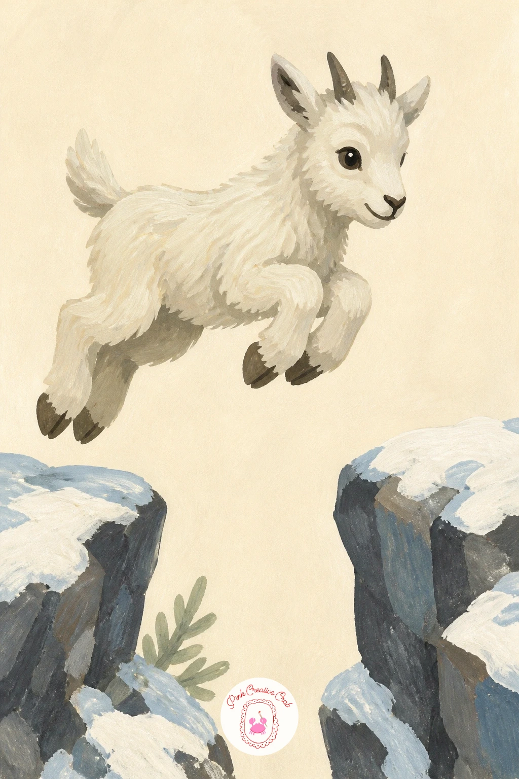 Mountain Goat Kid Jumping Rock to Rock — Give the kid a lighter, bouncier pose than the adult goat: all four legs gathered beneath the body mid-jump, head up