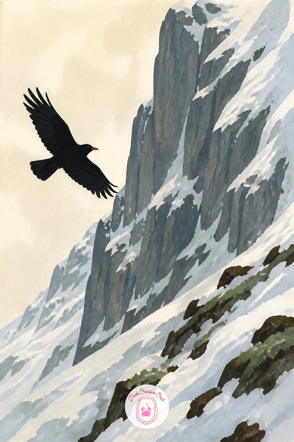 Red-Billed Chough Gliding Past a Snowy Cliff — Paint the cliff face first as a large flat grey shape filling most of the page, with snow caught along its