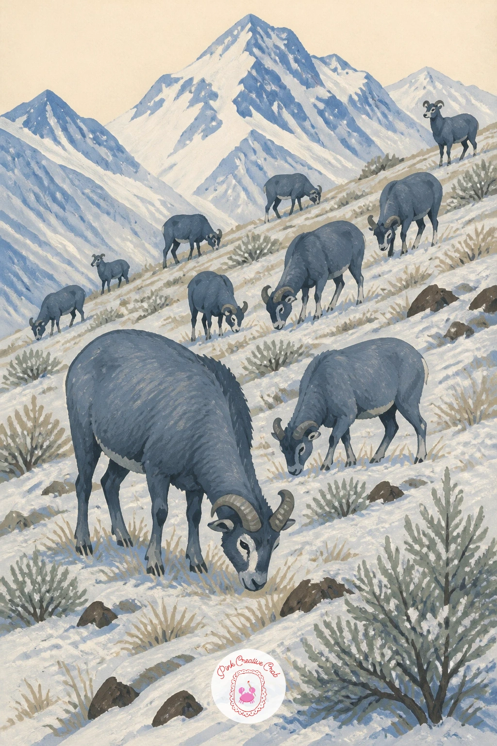 A Herd of Blue Sheep Grazing on a Frosty Slope — Scatter four or five blue sheep across a sloped hillside, each at a slightly different angle and height so the