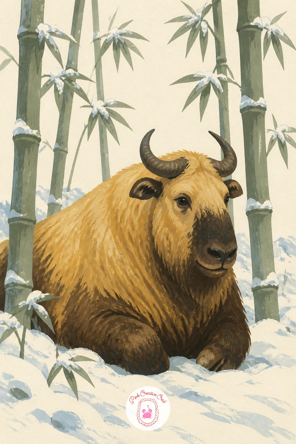 Takin Resting in a Snowy Bamboo Forest — The takin is a stocky, almost ox-like animal, so build it wide and heavy through the shoulders, with a distinctive