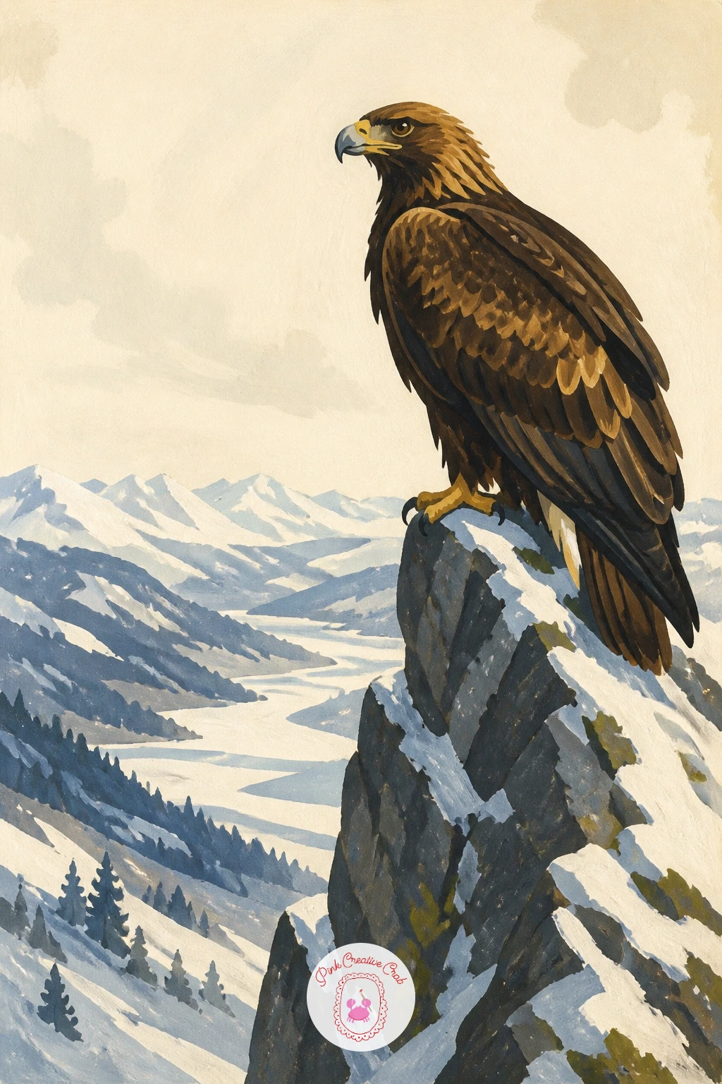 Golden Eagle Perched Above a Snowy Valley — Close the set the way a mountain view often closes, looking down: perch the eagle high on a jagged rock spire at