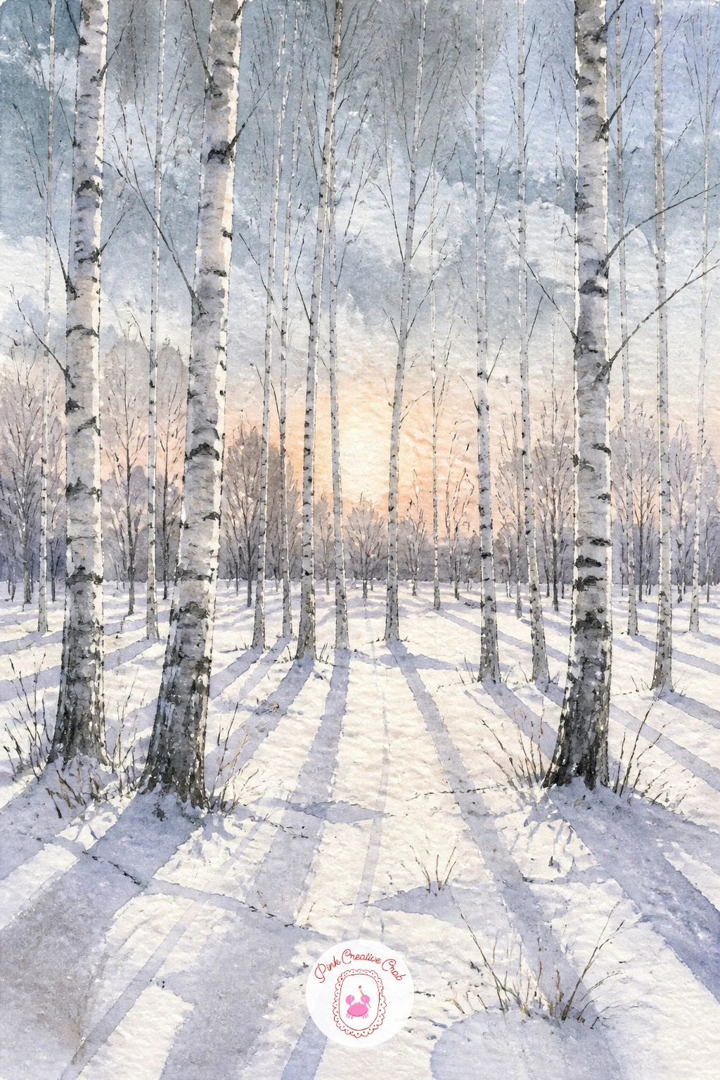 Birch Grove in Fresh Snow — Start a birch grove by laying a pale wash of white paper left bare for the snow and a thin blue grey wash for the sky, letting it