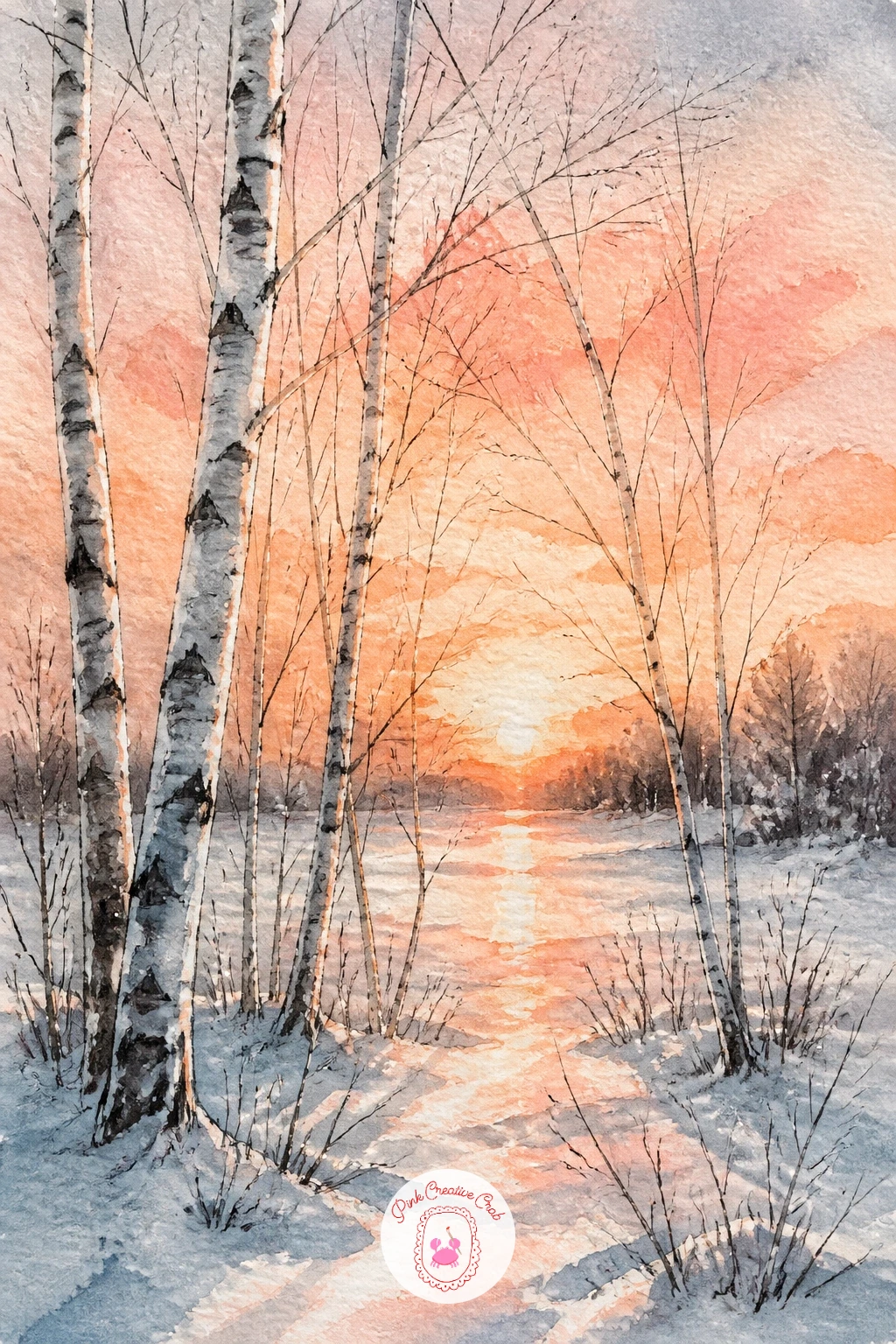 Peach Winter Sunset Behind Birches — Work this winter sunset wet into wet from the start: wet the whole sky area and drop in peach, soft pink and a touch of