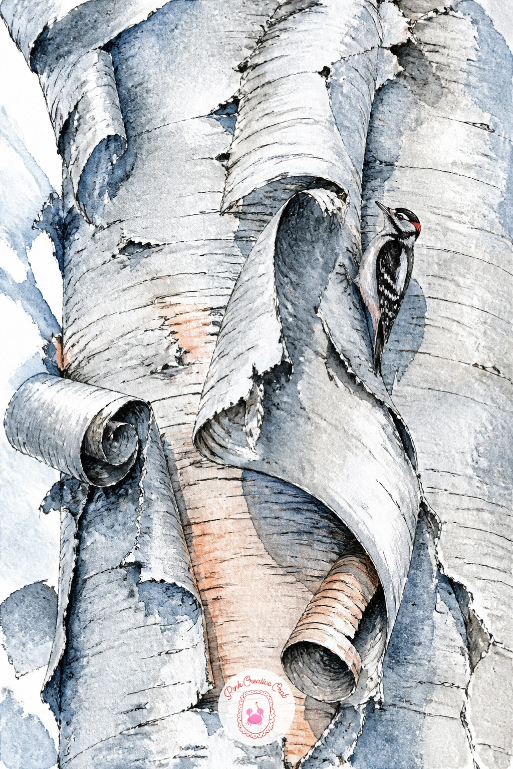 Peeling Bark With a Tiny Woodpecker — Zoom right into one trunk for this close up, so the peeling silver bark fills the whole page. Birch tree art