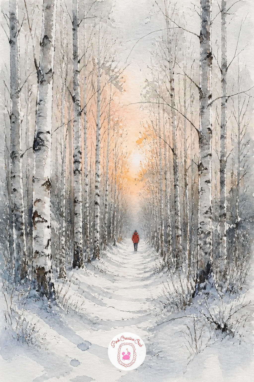 Path Through Birches With a Walker in Red — Set up this one with a simple perspective trick before you paint: draw two faint pencil lines converging toward a