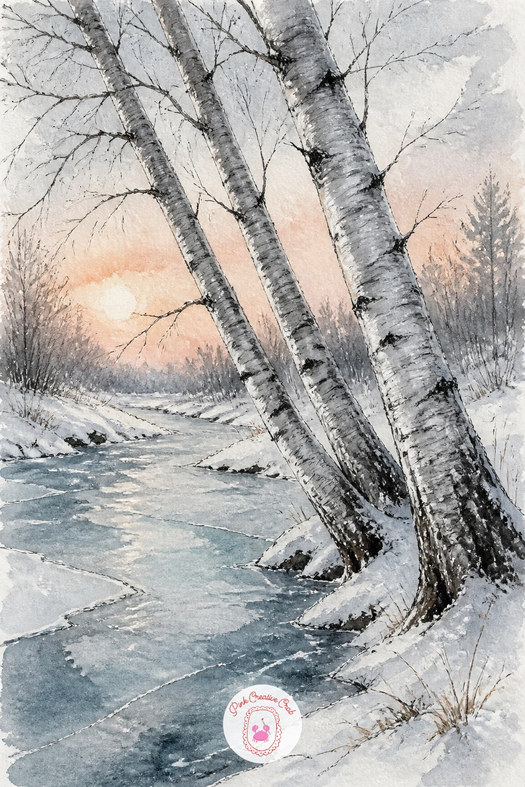 Three Birches Over a Frozen Stream — Three leaning trunks give you a natural composition, so sketch them first in pencil, angled slightly toward each other