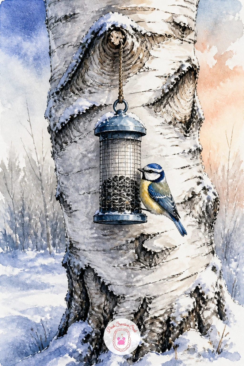 Birch Trunk With a Seed Feeder and Blue Tit — Give yourself one trunk filling most of the page, painted top to bottom in a single loaded stroke of grey so the