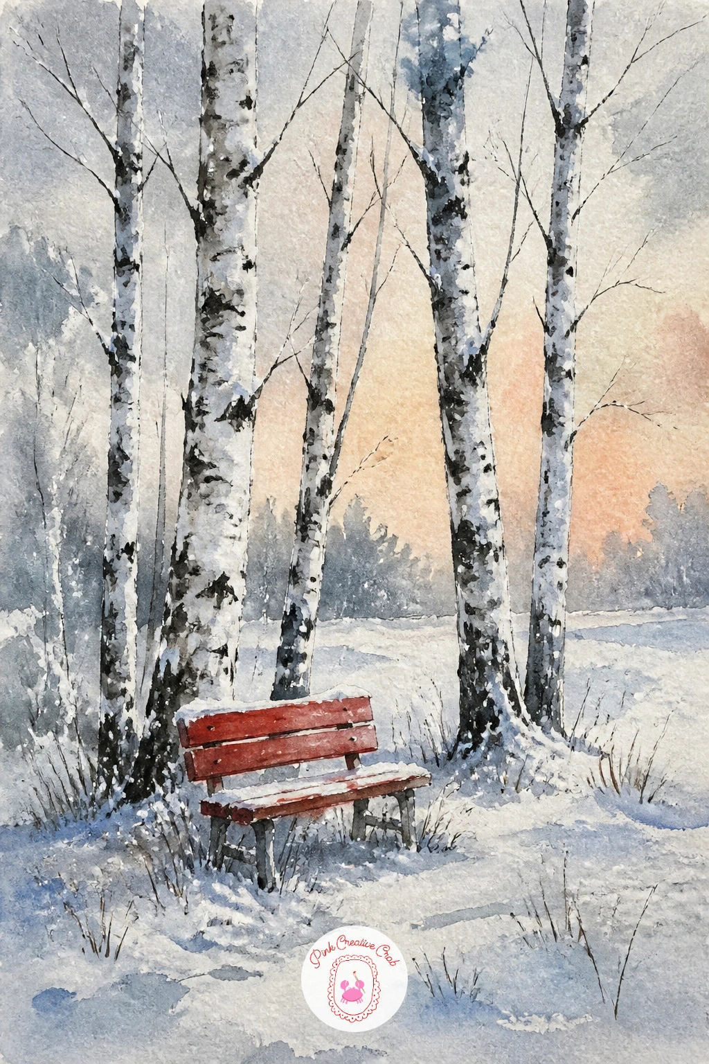 Red Bench Under Snowy Birches — Center a small red bench beneath a loose cluster of birches for a scene that reads instantly, since the one bold color note
