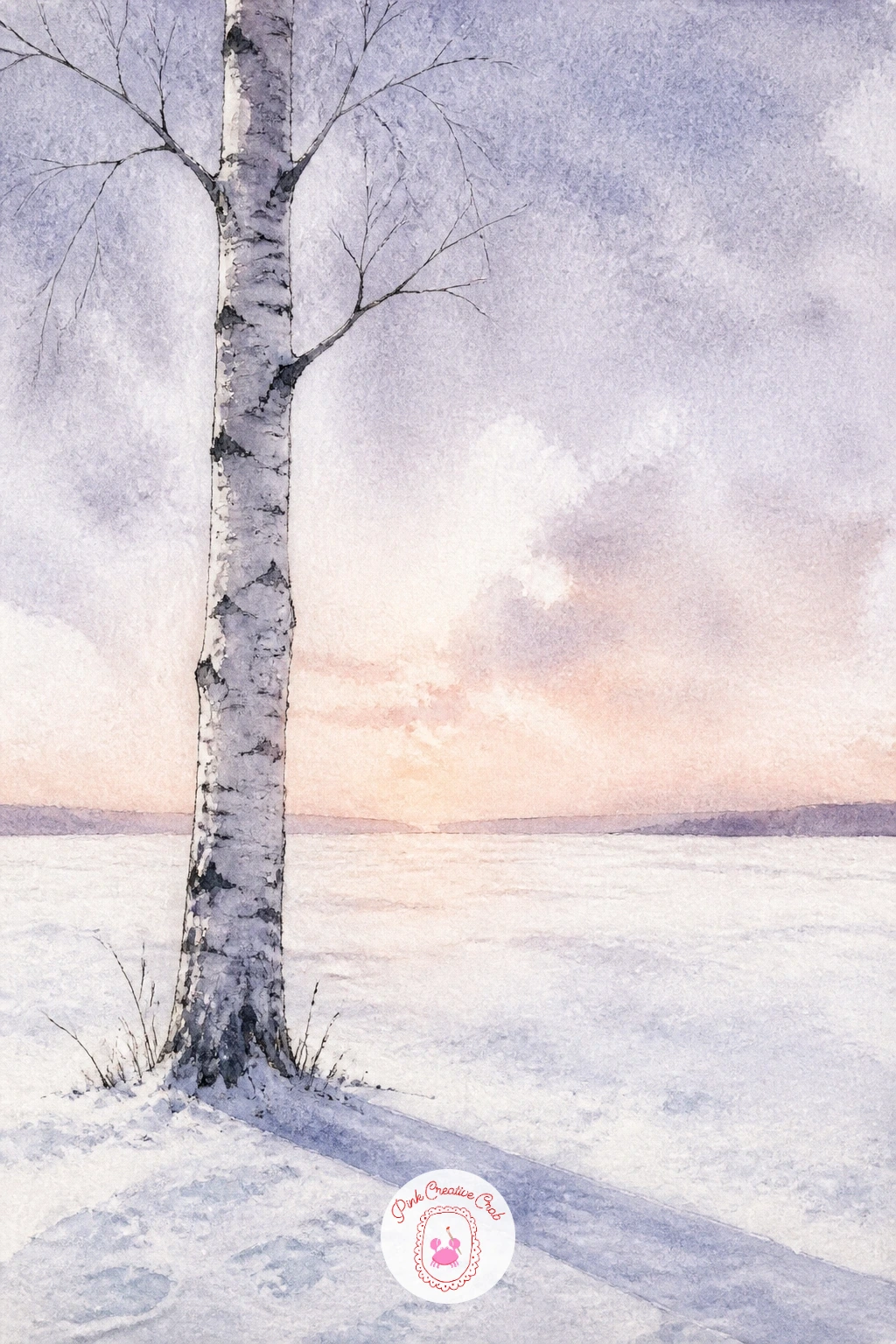 Single Birch in a White Field at Dawn — Strip the scene right back for this one: a single birch trunk standing alone in an otherwise empty white field at dawn.