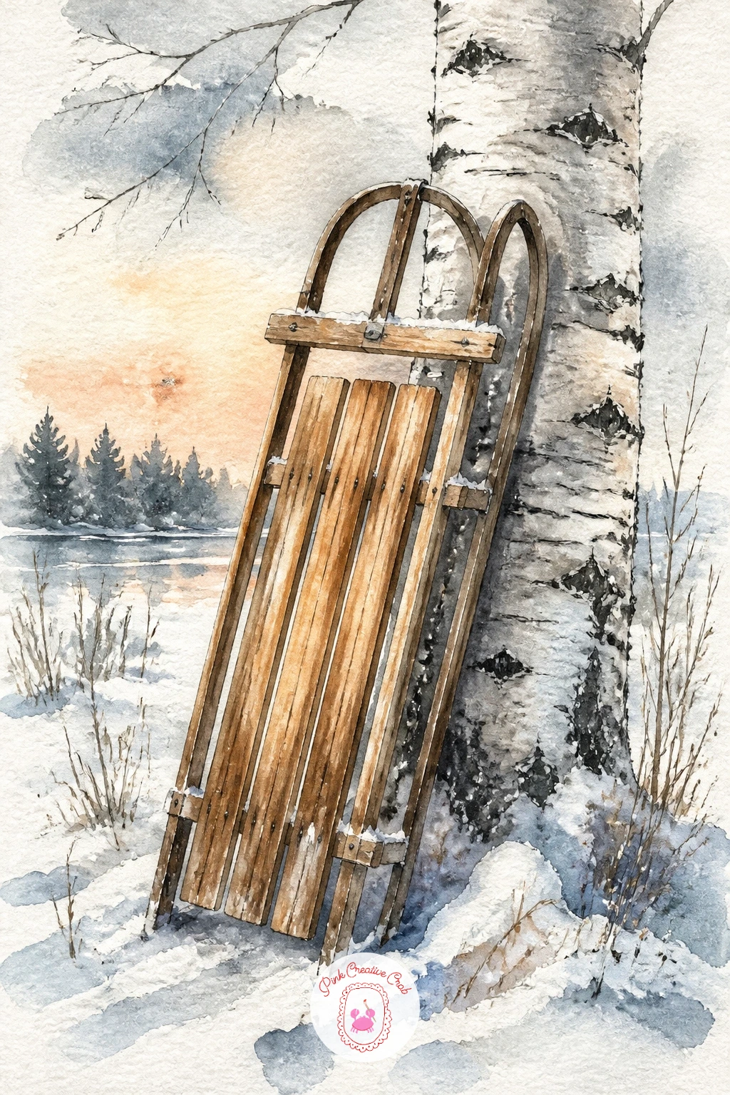 Wooden Sled Leaning on a Birch Trunk — Bring in a small object this time: a wooden sled leaning against a birch trunk after a snow day, which gives the scene a