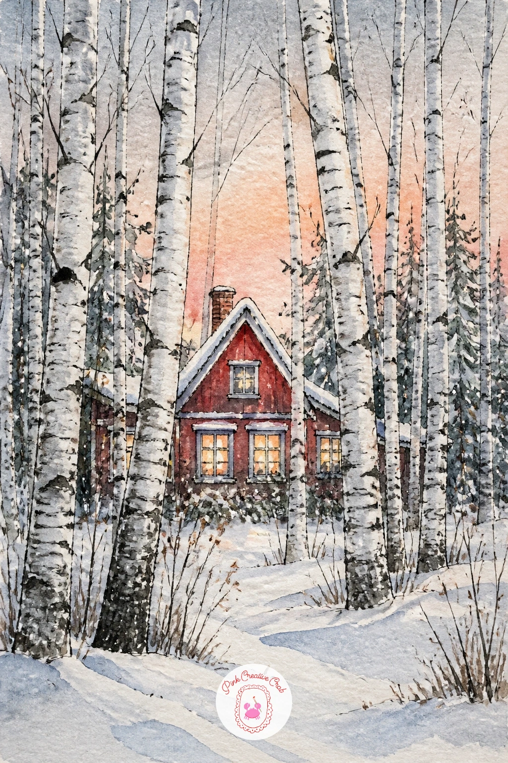 Little Red Cottage Behind a Screen of Birches — Give yourself a small architectural anchor this time: a little red cottage glimpsed behind a loose screen of