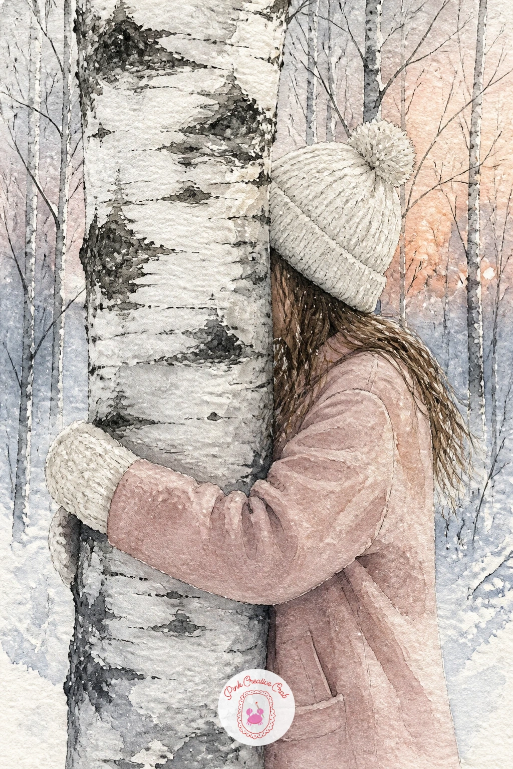 Girl in a Cream Hat Hugging a Birch Trunk — Bring a figure in close for this one: a girl in a cream knit hat with her arms wrapped around a birch trunk. Birch