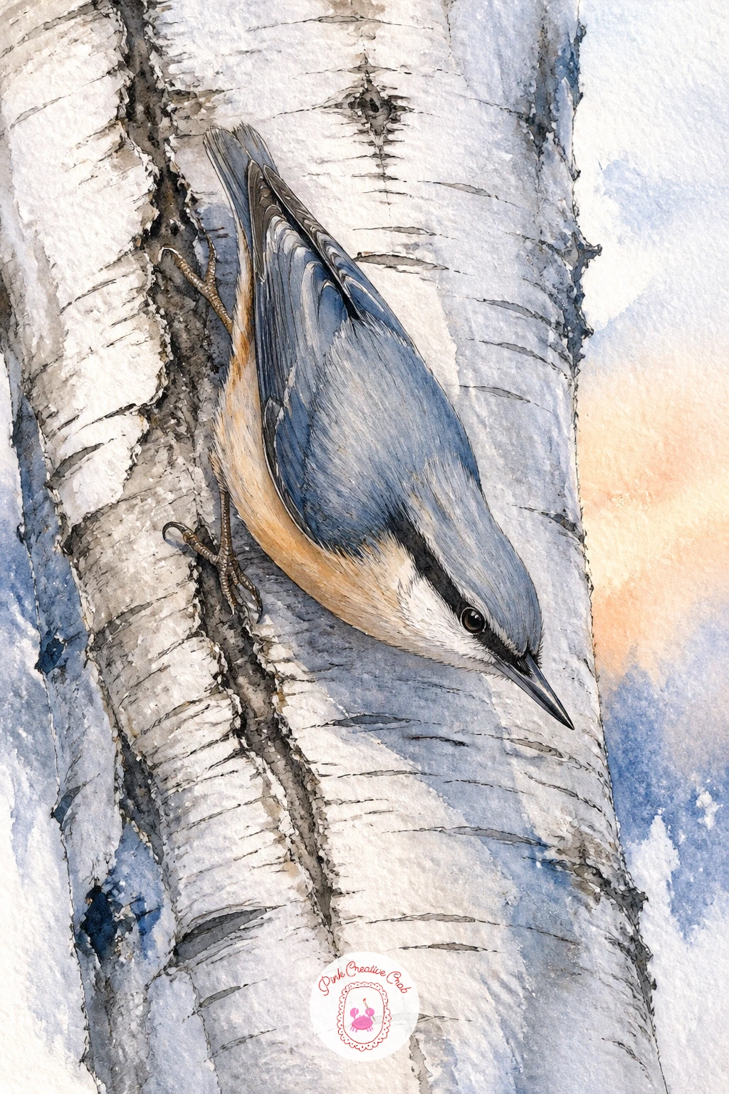Nuthatch Walking Down a Birch — Follow the bark detail theme with a nuthatch, the one bird that famously walks head first down a trunk rather than up it, which