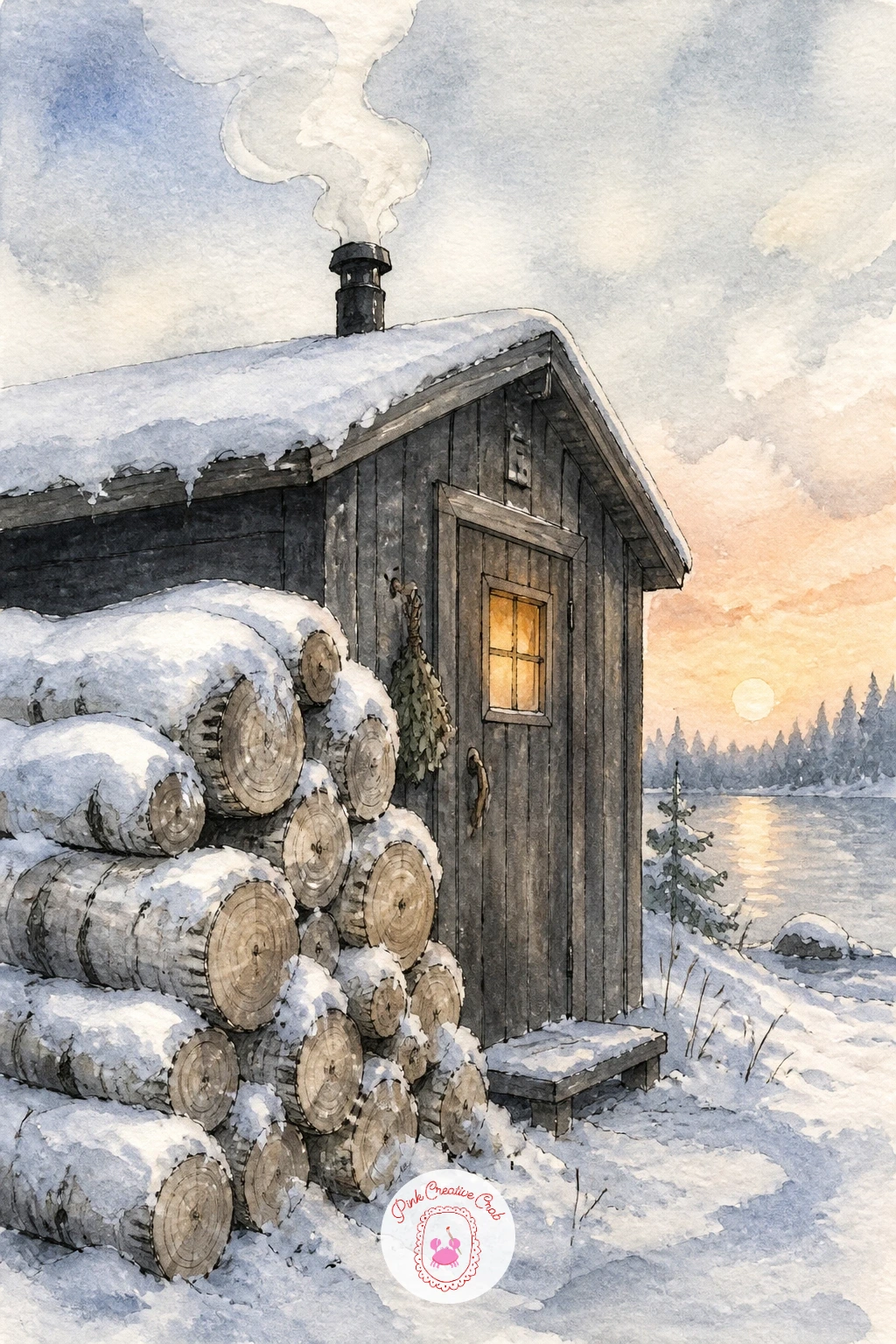 Birch Logs Stacked Beside a Sauna — Give the grey and white palette a break with this one: a stack of birch logs capped with snow beside a small sauna