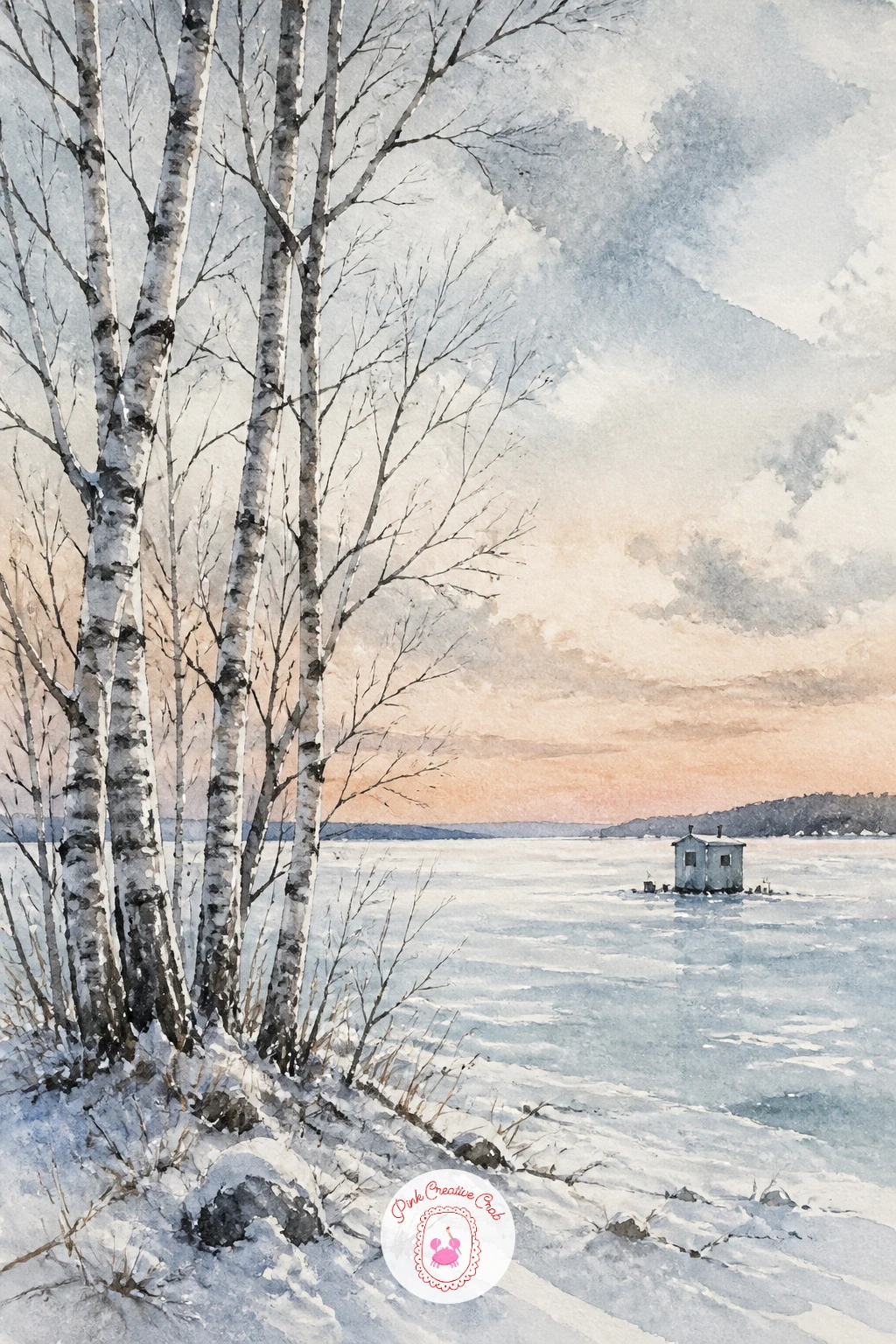 Birches by a Frozen Lake With an Ice Fishing Hut — Open the composition wider for this one: birches lining the edge of a frozen lake, with a small ice fishing