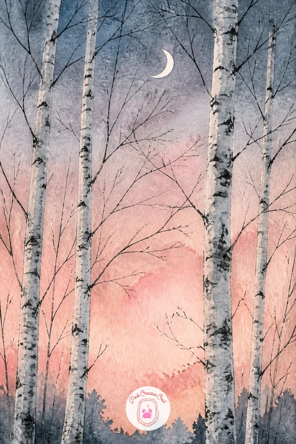 Birches Under a Pink Sky and Crescent Moon — Chase the evening light for this one: birches standing under a soft pink evening sky with a thin crescent moon.