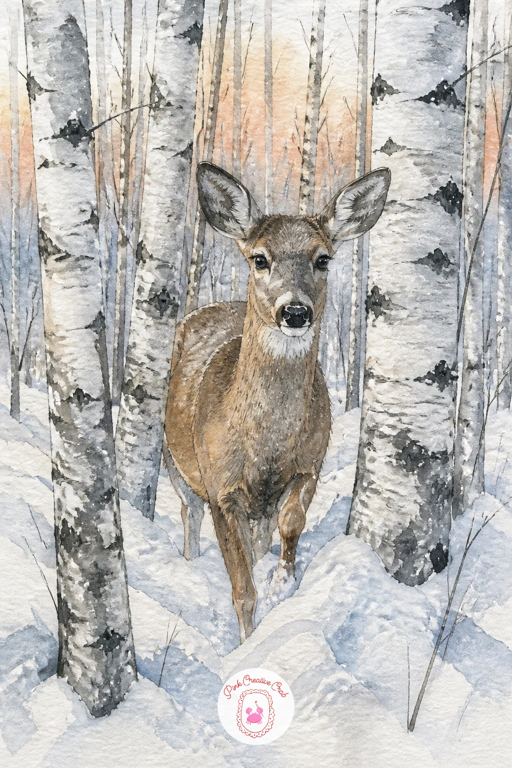 Deer Walking Between Birch Trunks in Snow — Build confidence with the trunks first, loosely spaced to leave room for a deer walking between them through deep