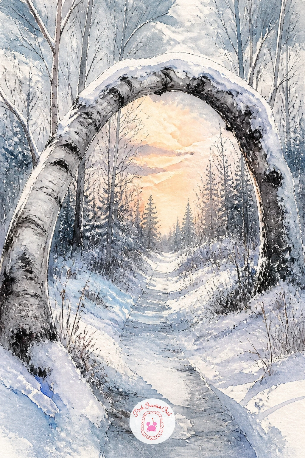 Snow-Covered Birch Arching Over a Path — Let one trunk do something unusual this time: a snow covered birch arching right over a woodland path rather than