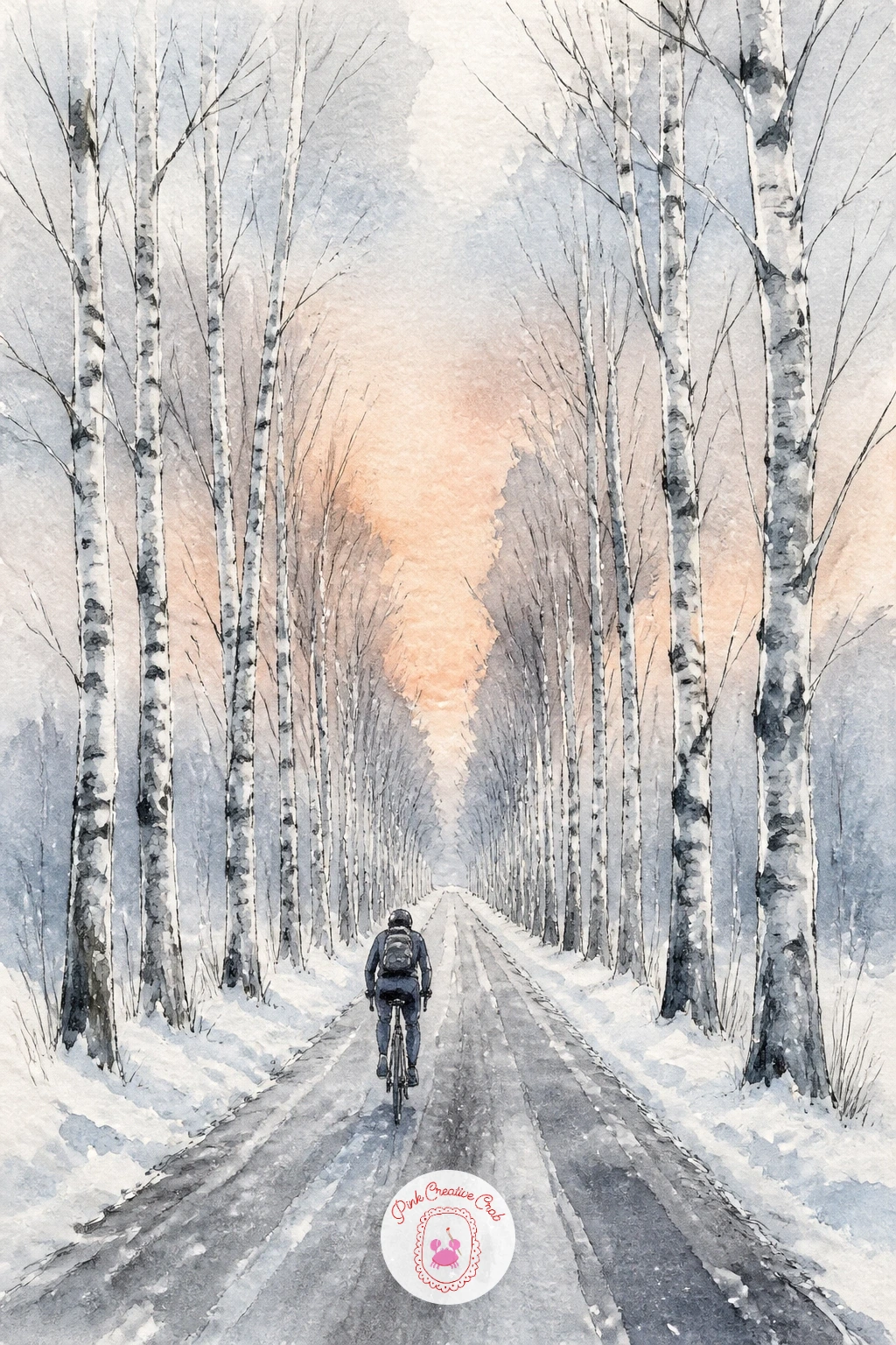 Birch-Lined Road With a Cyclist in Snow — Widen the scene for a birch lined country road with a lone cyclist riding through snow. Birch tree art
