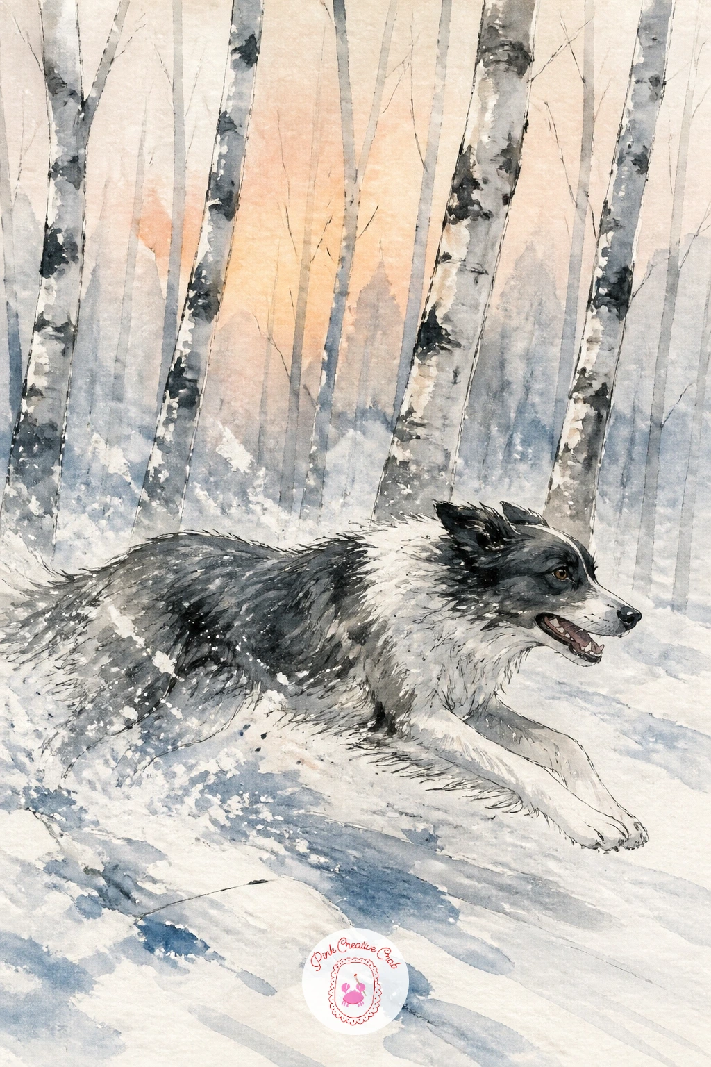 Dog Running Through a Snowy Birch Wood — Bring some energy into the grove with a dog running flat out through a snowy birch wood. Birch tree art