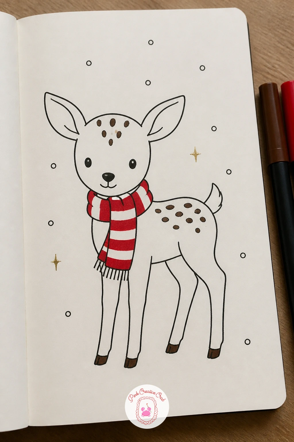 Fawn In A Striped Scarf — Start here if deer doodles are new to you: a fawn standing in falling snow with a striped scarf wound round its neck