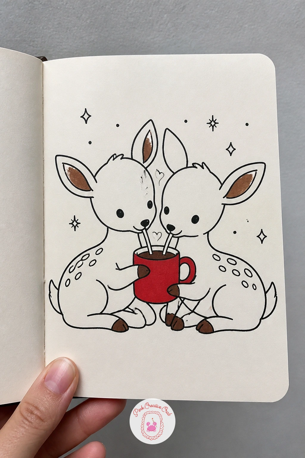 Two Fawns Sharing Cocoa — Bring in a second character with two fawns sitting close together, passing one steaming mug of cocoa between them. Deer doodle