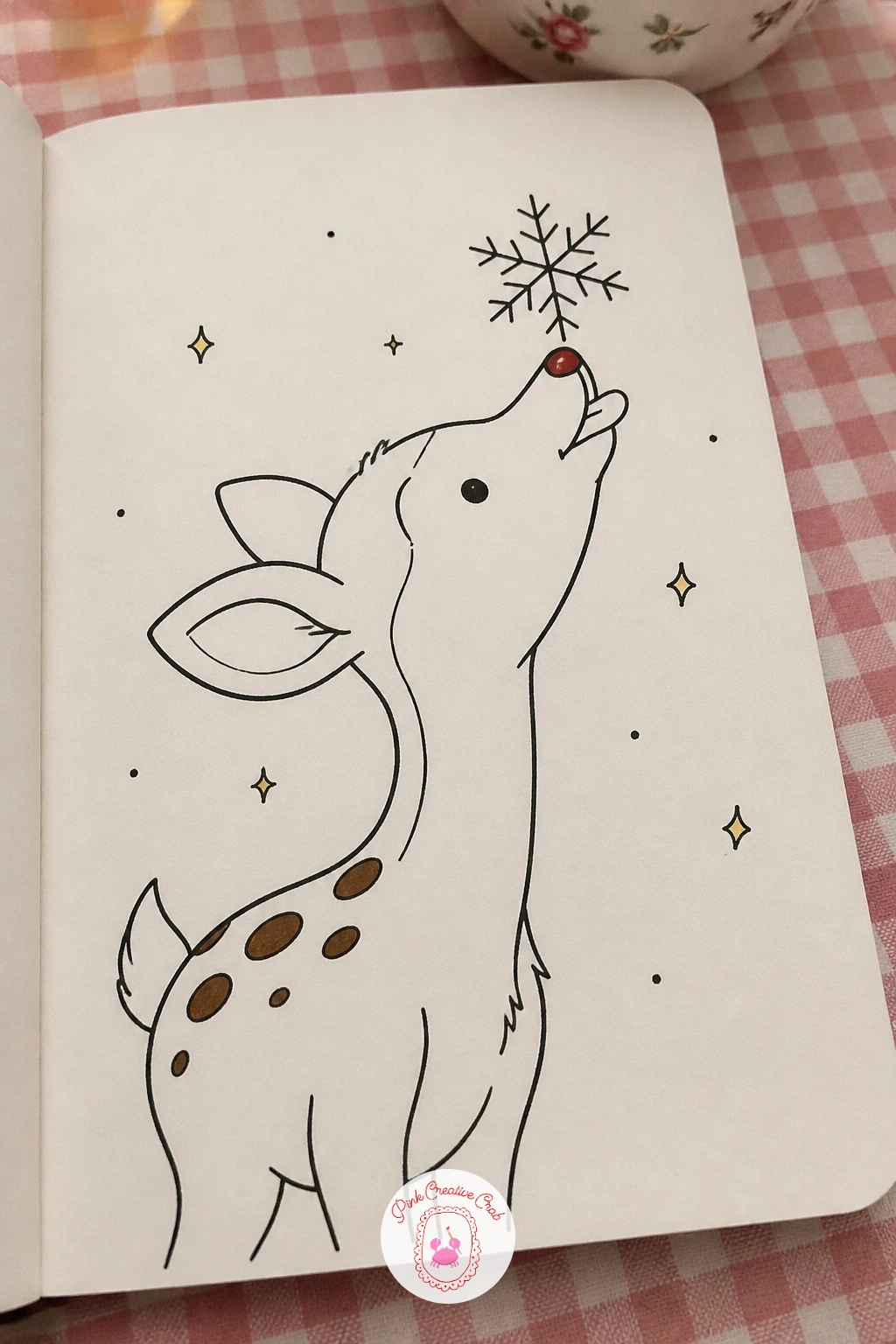 Fawn Catching A Snowflake — Draw a fawn with its head tilted back and tongue out, waiting for one large snowflake to land on its nose. Deer doodle