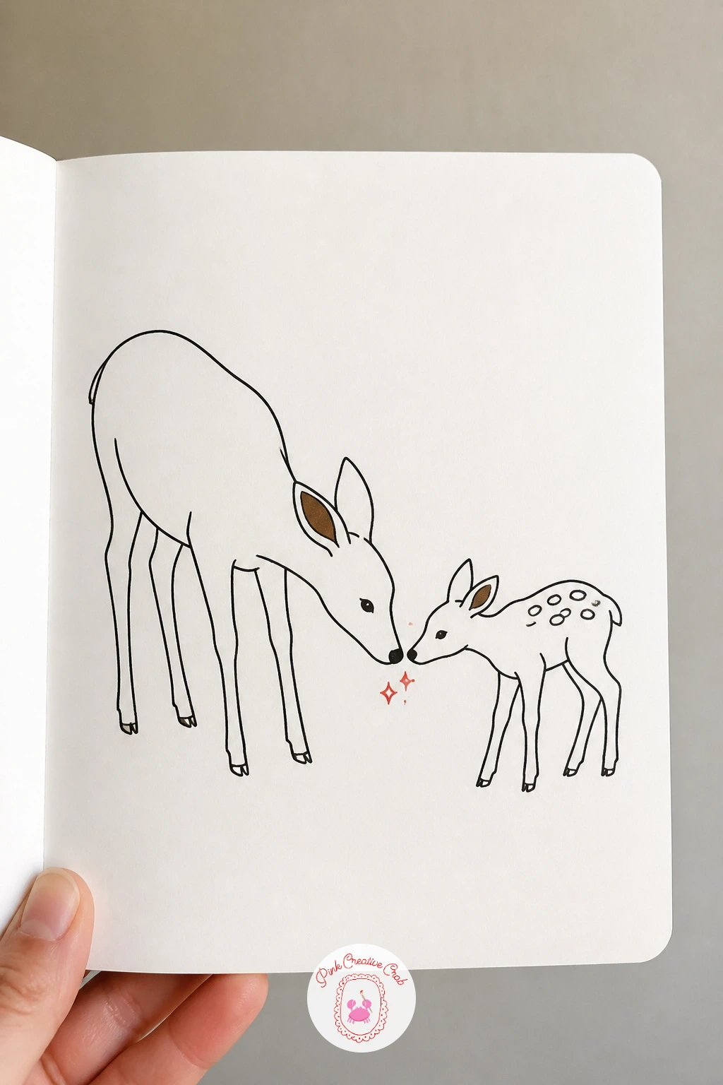 Deer And Fawn Touching Noses — Pair a full grown deer and a small fawn nose to nose, heads lowered toward each other in the middle of the page. Deer doodle
