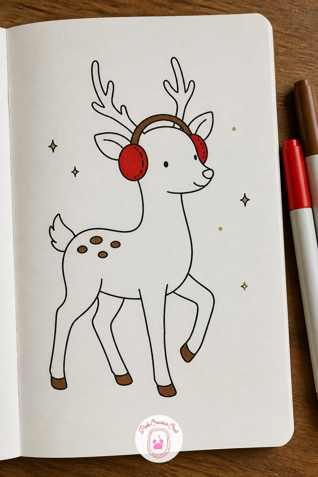Deer In Earmuffs On A Walk — Give a deer a pair of round earmuffs and a mid stride walking pose, one front leg lifted as if caught mid step. Deer doodle