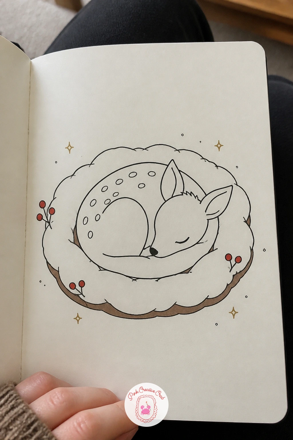 Fawn Curled In A Snow Ring — Draw a fawn asleep, curled into a tight circle, resting inside a ring shaped dip of snow that cradles its body. Deer doodle