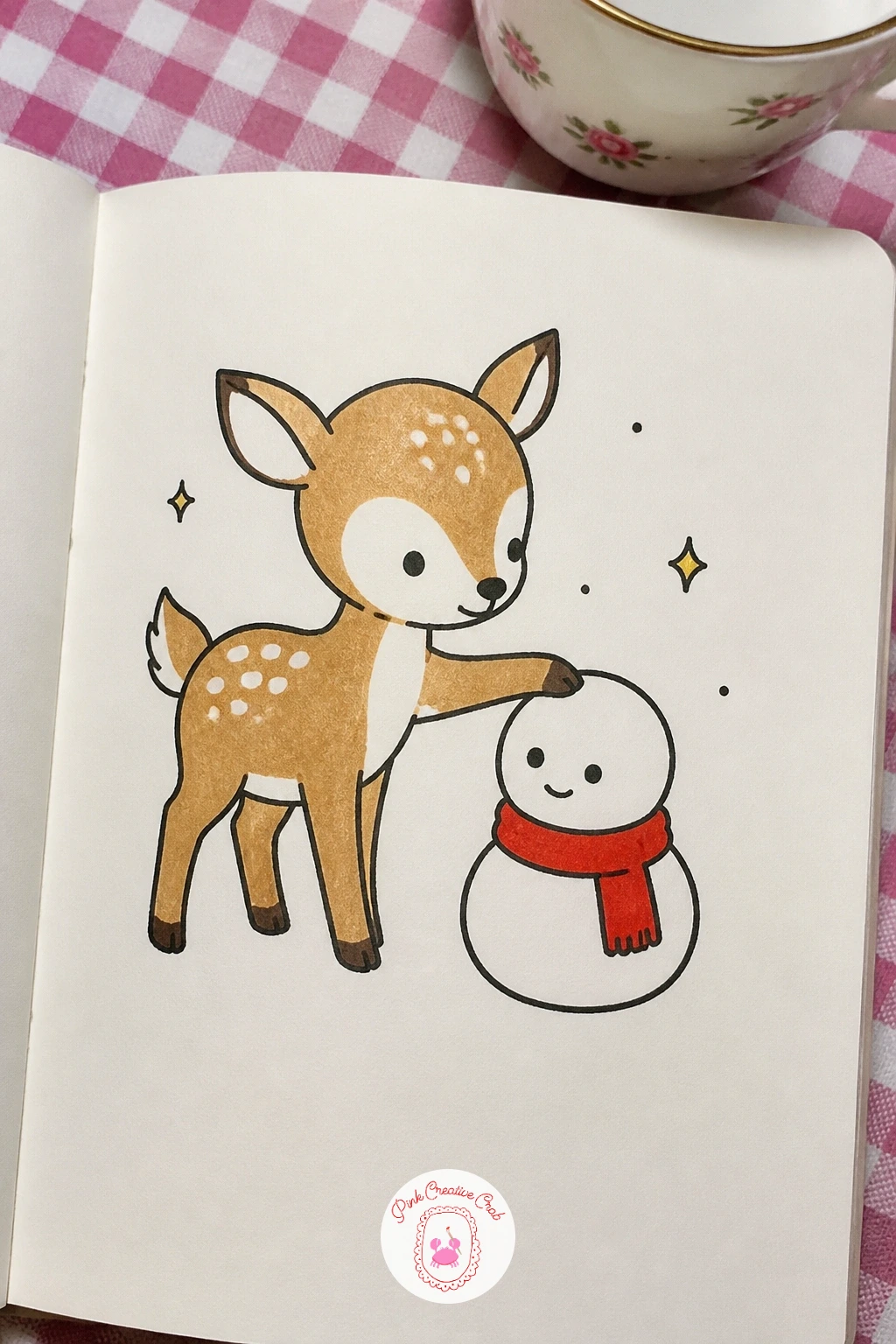 Fawn Building A Tiny Snowman — Have a fawn standing beside a snowman barely taller than its own knees, one front hoof pressed against the top snowball as if