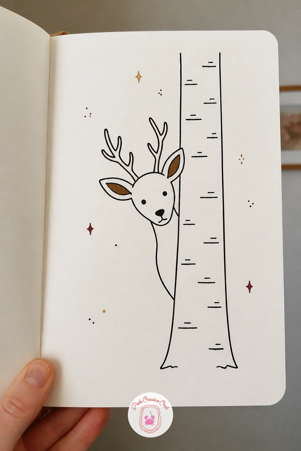 Deer Peeking From A Birch Tree — Draw a deer's head and one shoulder peeking out from behind a birch tree trunk, the rest of its body hidden. Deer doodle