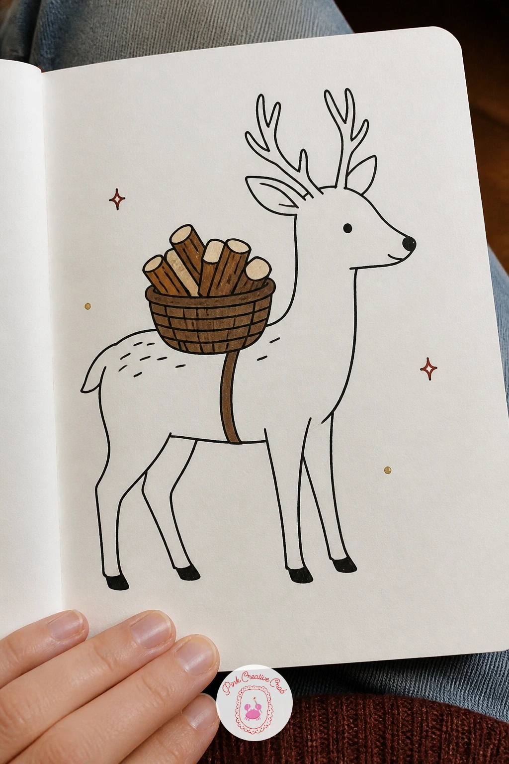 Deer Carrying A Basket Of Firewood — Give a deer a small basket of firewood balanced across its back, as if returning home from gathering logs. Deer doodle