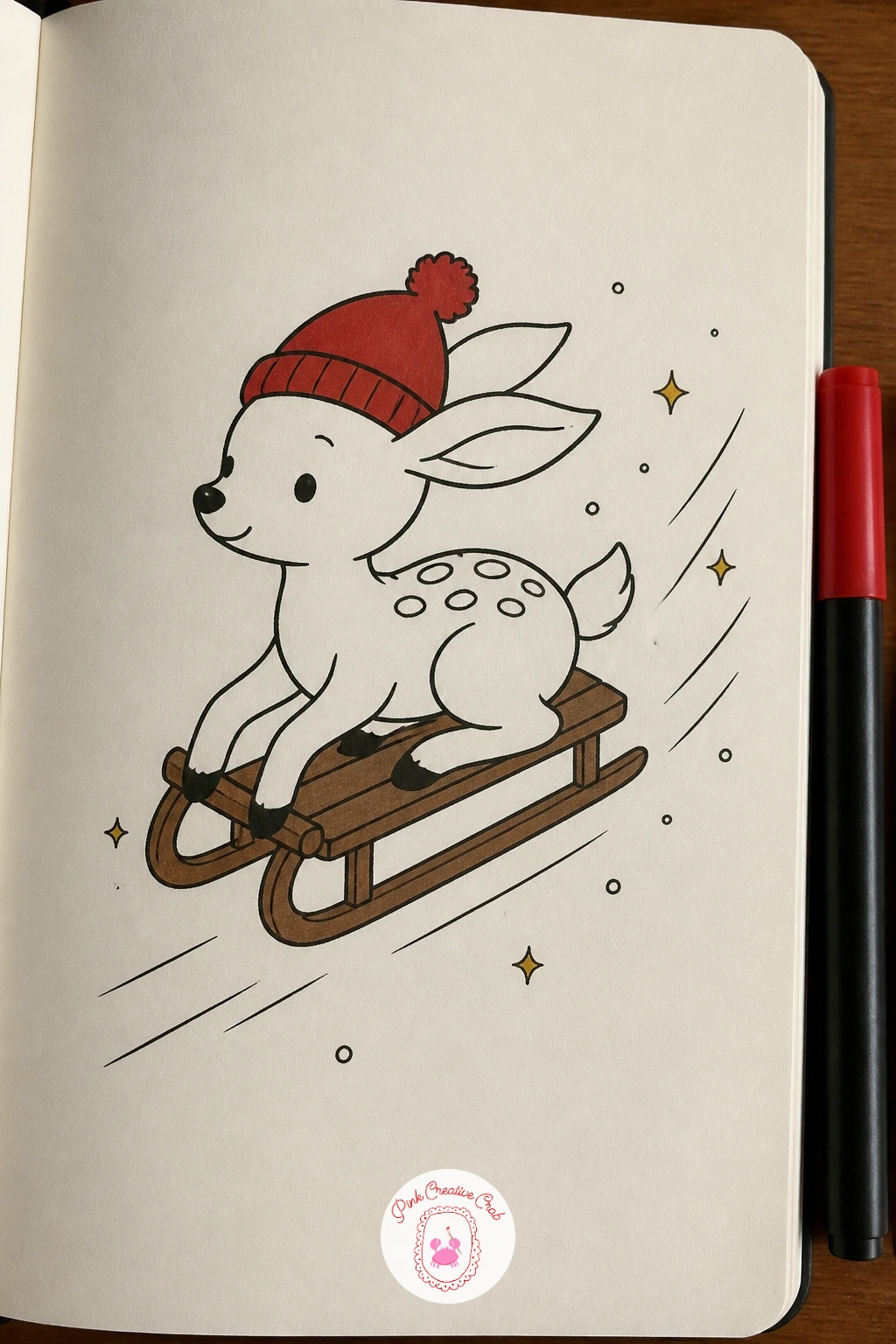 Fawn Sledding Down A Hill — Draw a fawn riding a small wooden sled down a gentle snowy slope, front legs gripping the sled's edge. Deer doodle
