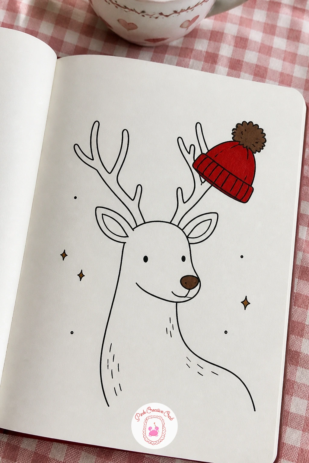 Deer With A Bobble Hat On One Antler — Draw a deer with a knitted bobble hat caught crooked on just one antler, as if it slipped off while being carried. Deer