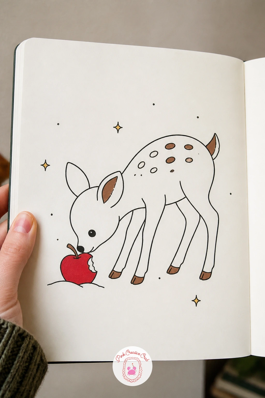 Fawn Nibbling An Apple — Draw a fawn standing with its head lowered, nibbling at a small apple resting on the snow in front of it. Deer doodle