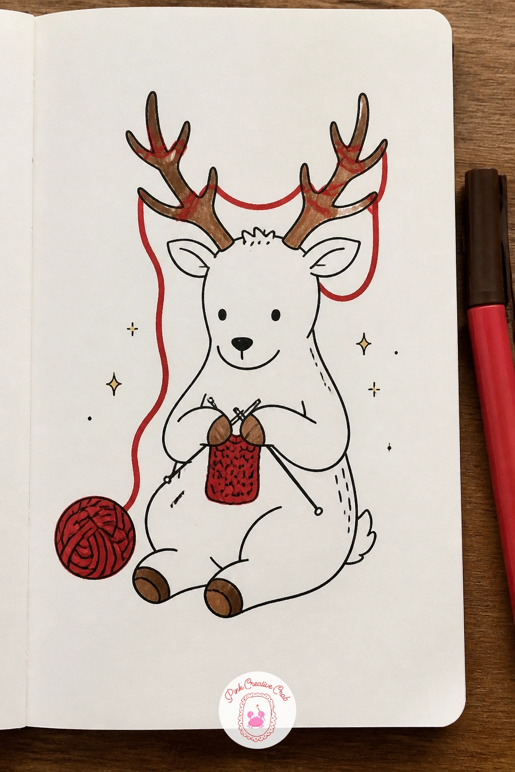 Deer Knitting With Antler Yarn — For a properly playful one, draw a deer sitting upright with a ball of yarn unspooled across its antlers, as if the branches